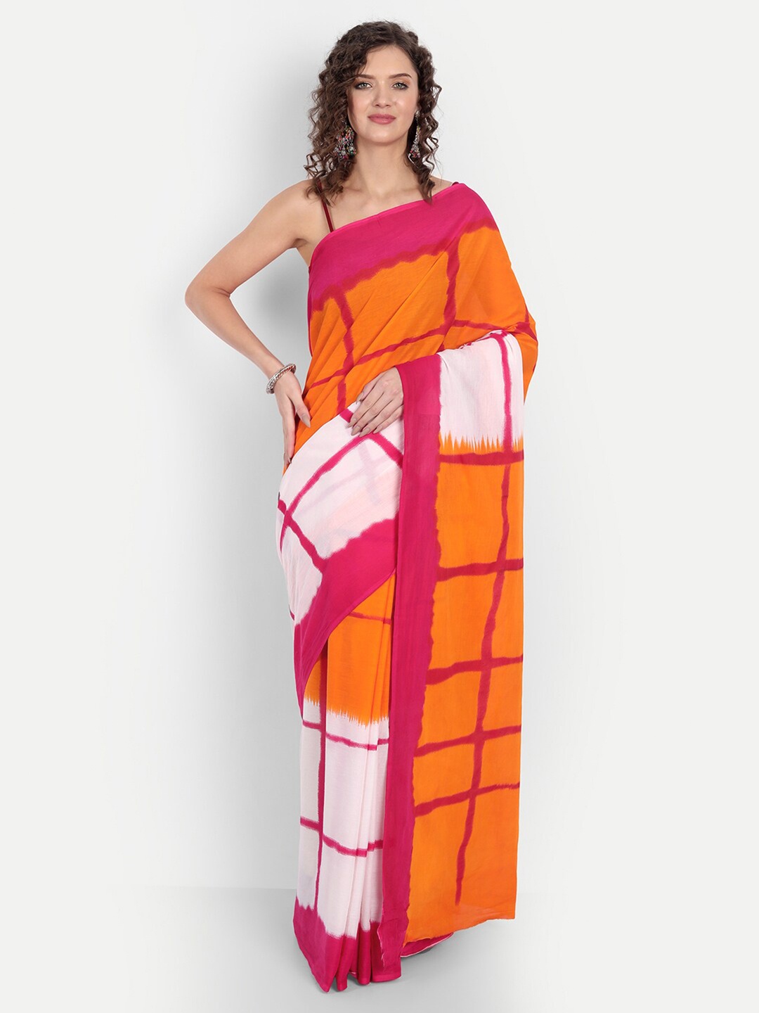 

BUTA BUTI White & Pink Checked Pure Cotton Saree