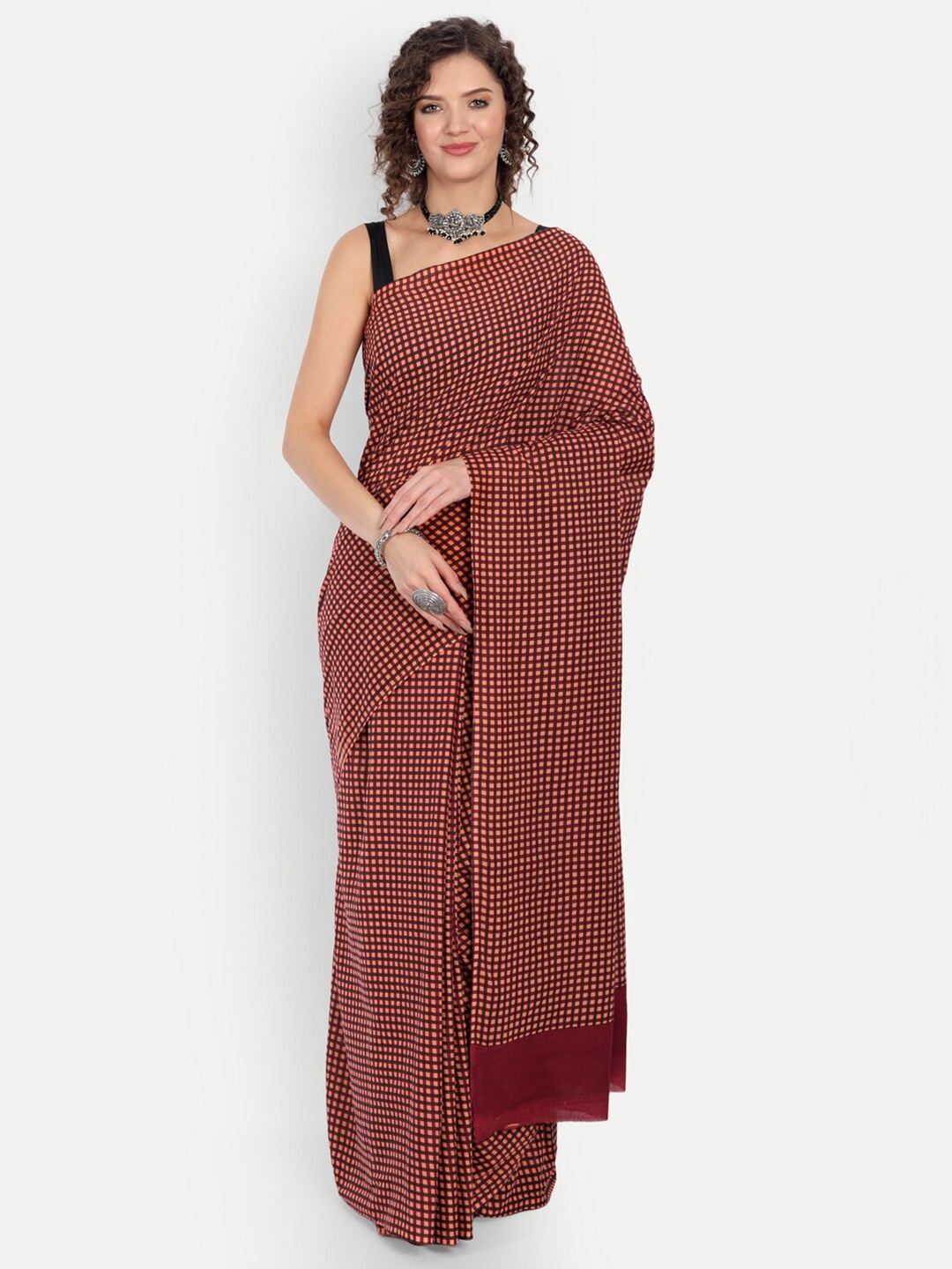 

BUTA BUTI Women Maroon Checked Pure Cotton Saree
