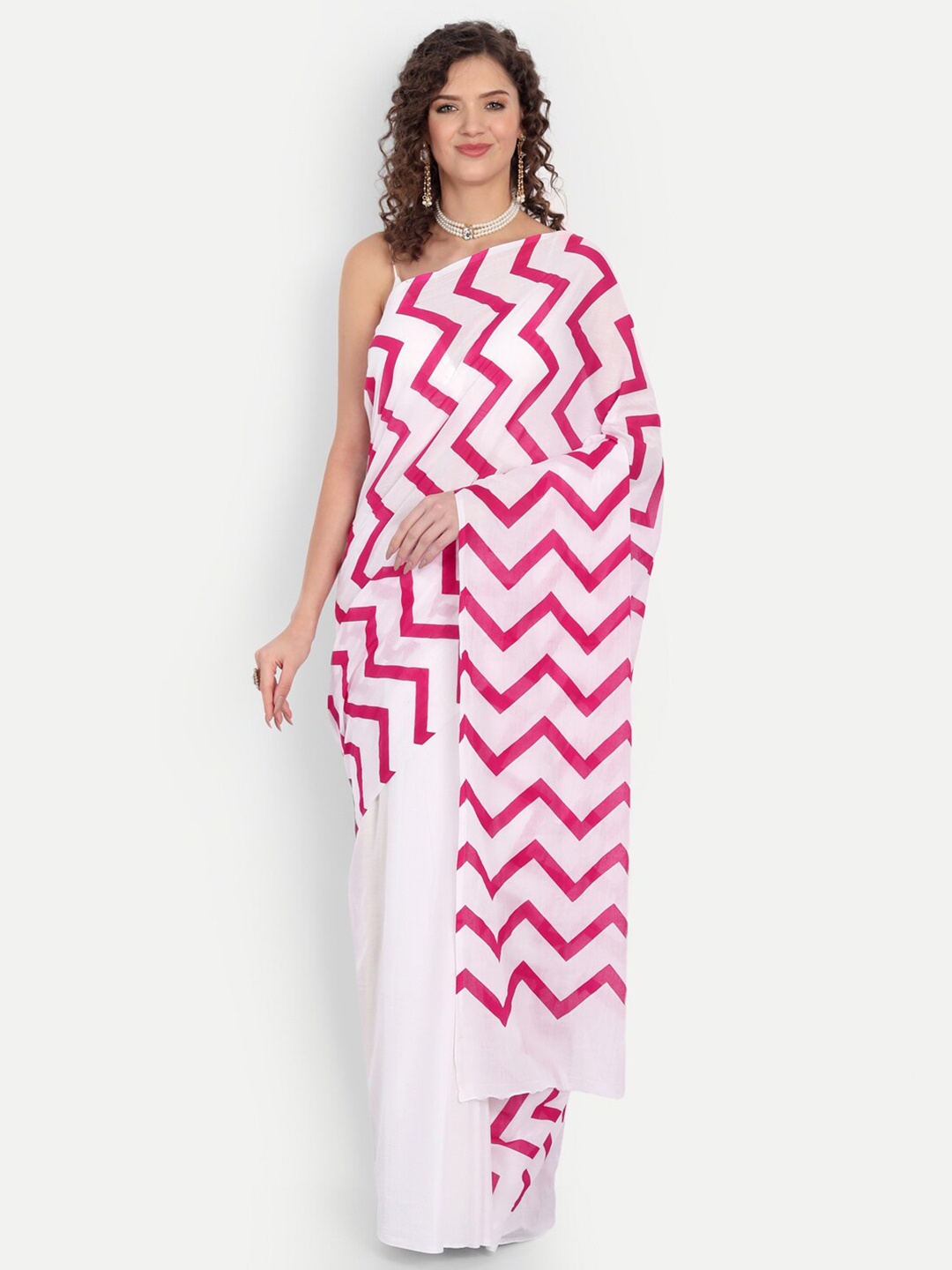 

BUTA BUTI White & Pink Geometric print Pure Cotton Saree