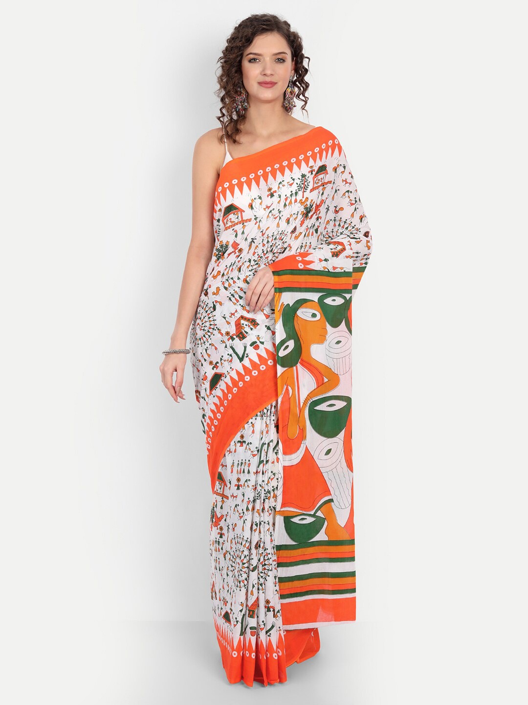 BUTA BUTI Cream-Coloured & Green Warli Pure Cotton Saree