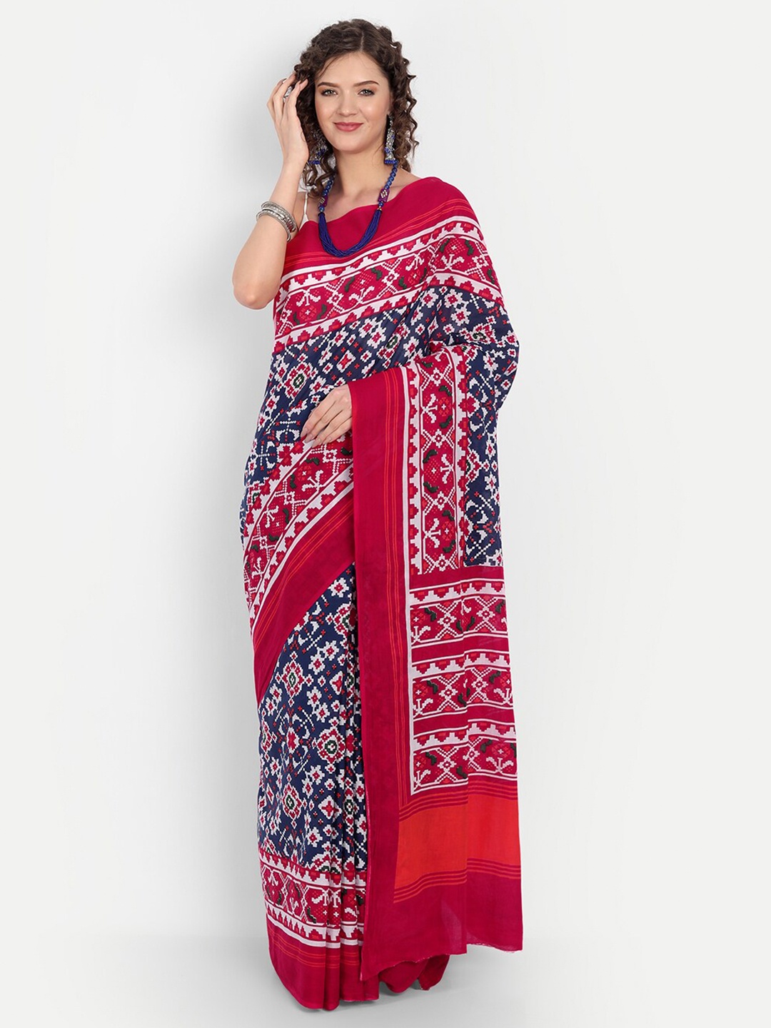 

BUTA BUTI Blue & Red Geometric Printed Pure Cotton Saree