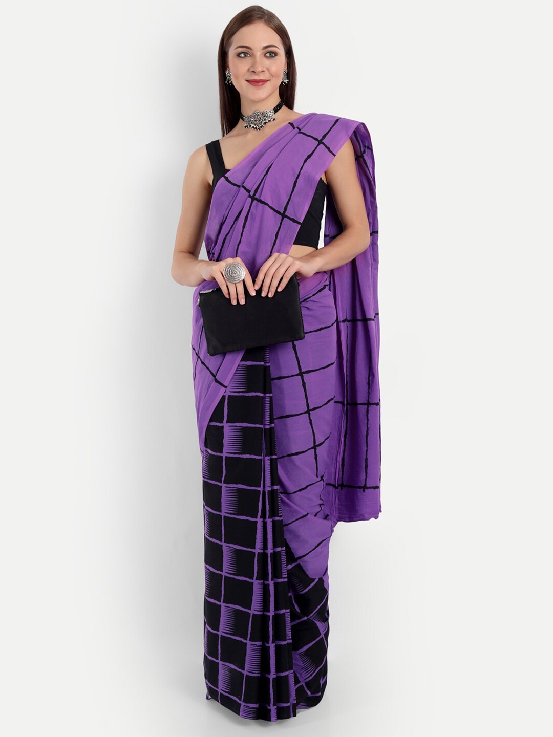 

BUTA BUTI Violet & Black Checked Pure Cotton Saree