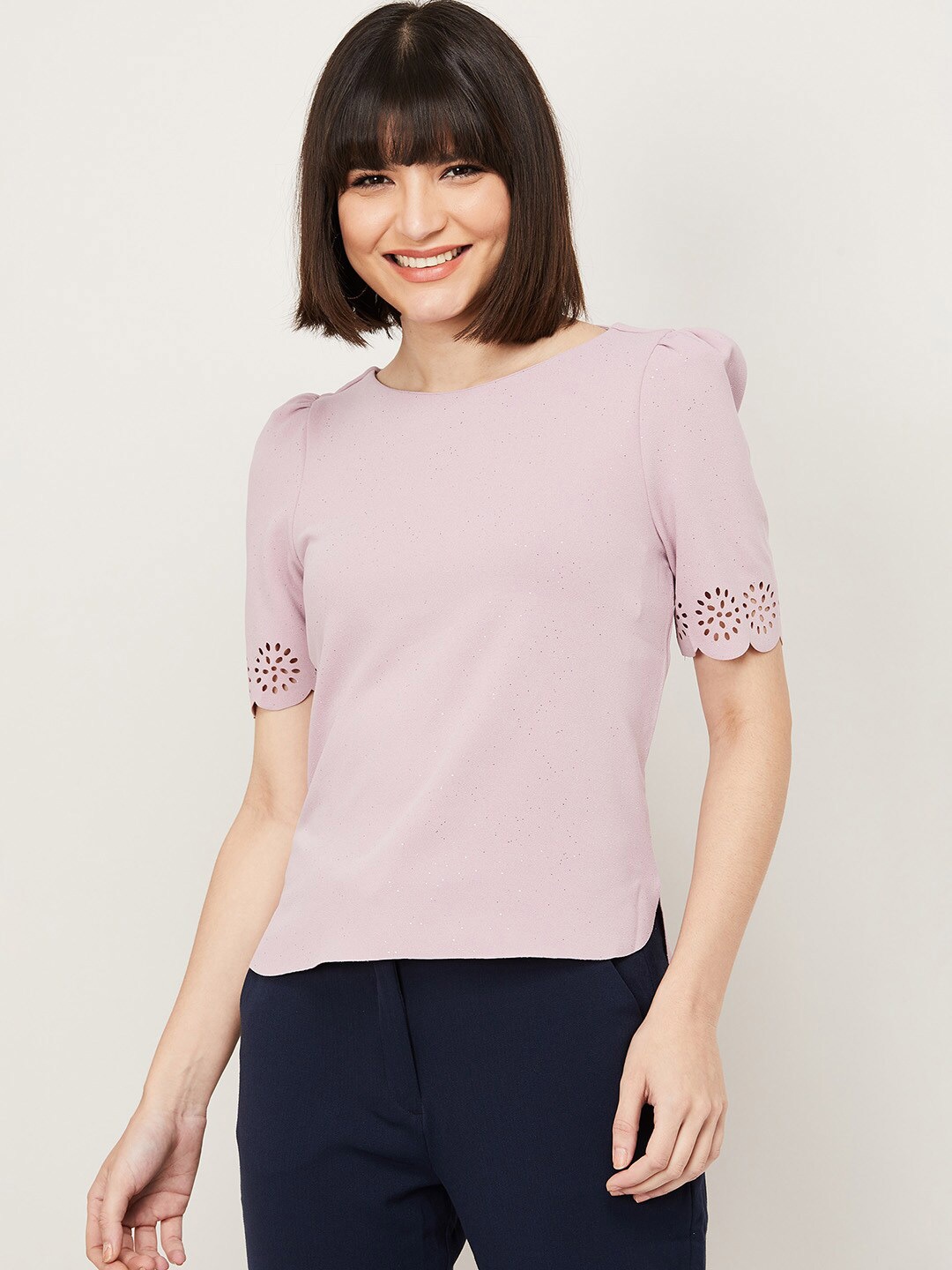 

CODE by Lifestyle Women Pink Solid Puff Sleeves Cut Out Top