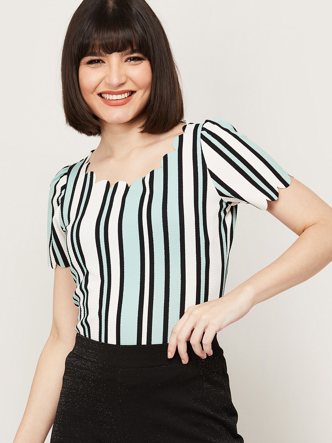 

CODE by Lifestyle Women Sea Green & White Striped Polyester Top
