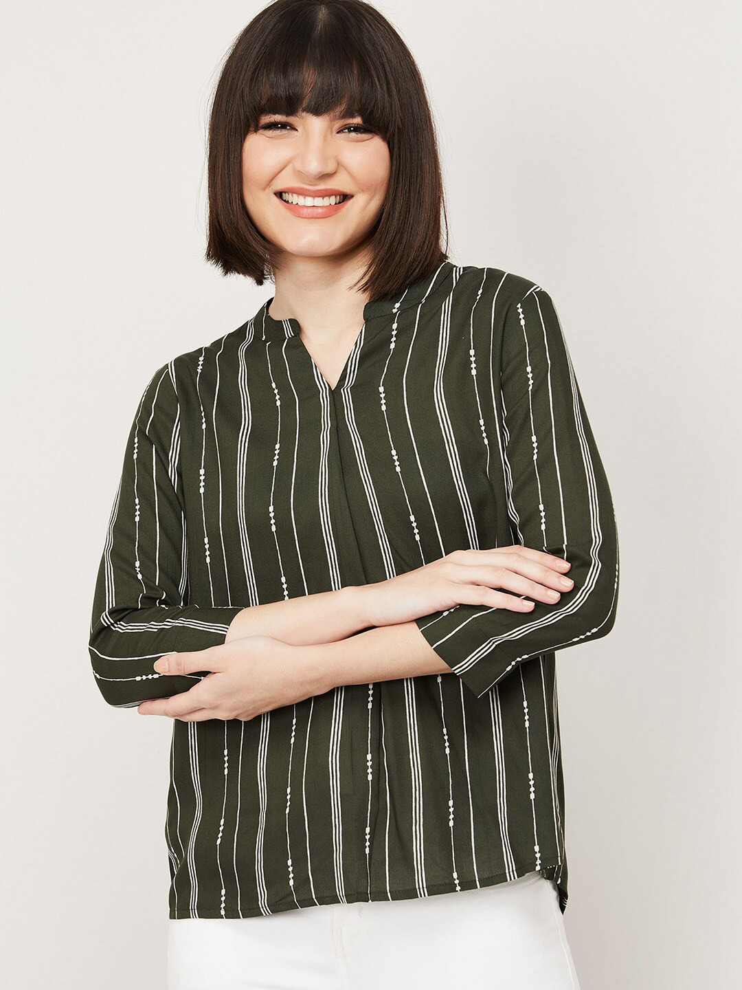 

Fame Forever by Lifestyle Olive Green & Off White Striped Mandarin Collar Top