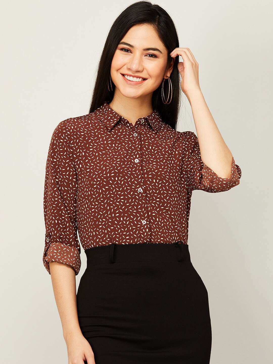 

Fame Forever by Lifestyle Women Brown Print Roll-Up Sleeves Shirt Style Top