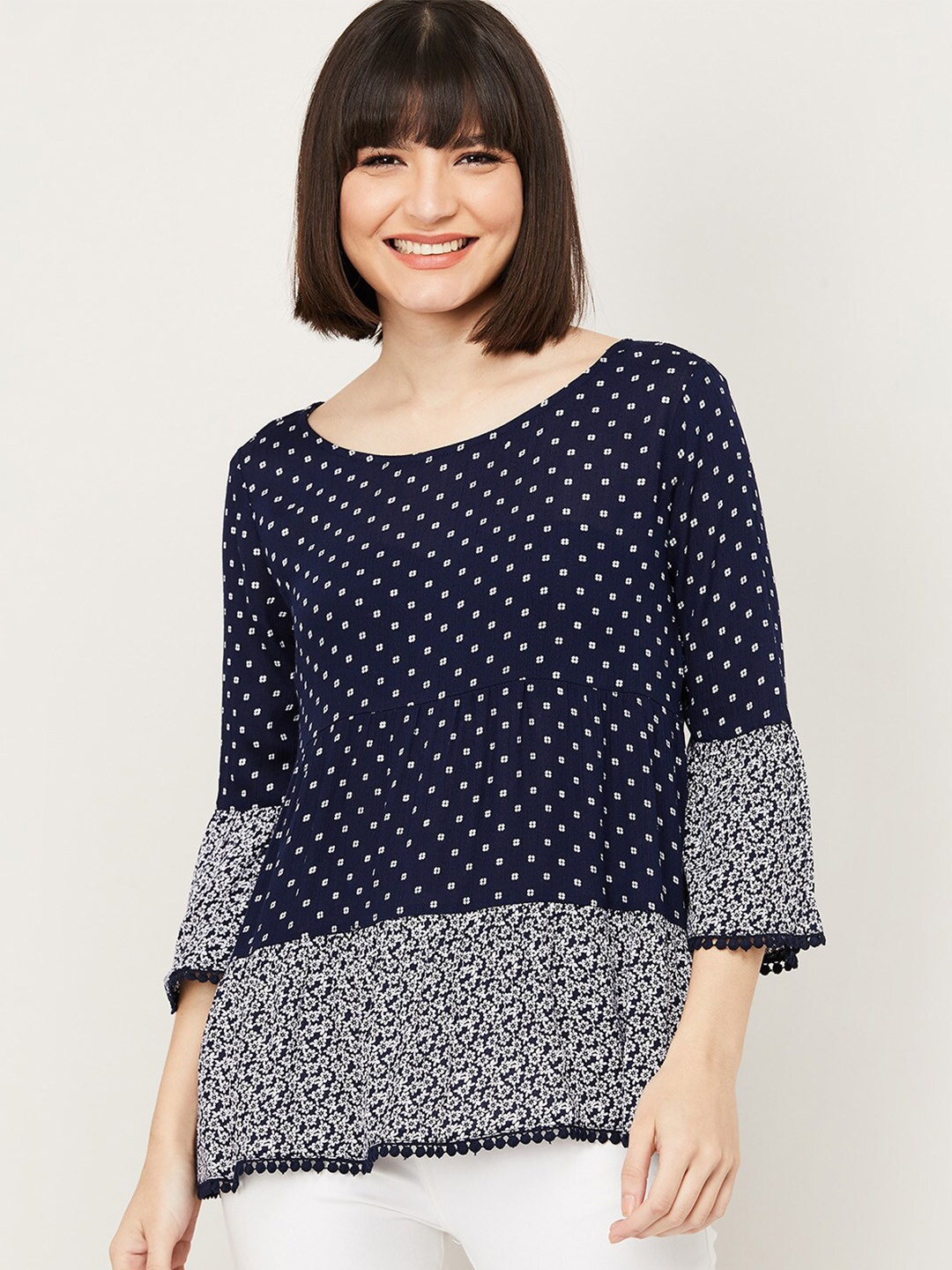 

Fame Forever by Lifestyle Women Navy Blue Geometric Print Top