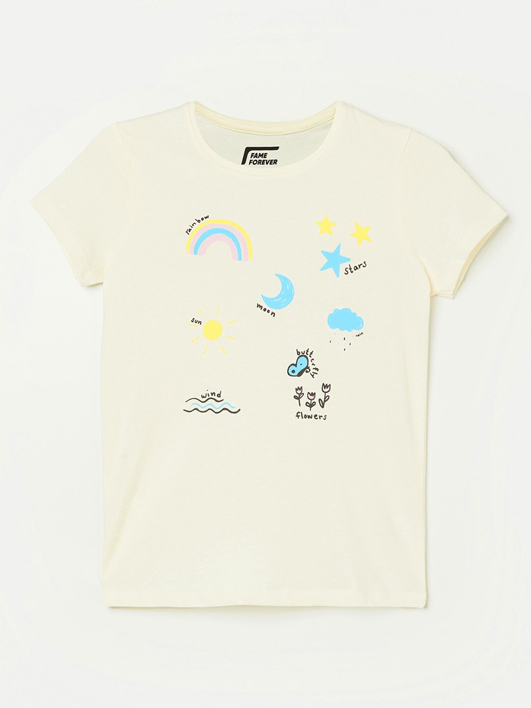 

Fame Forever by Lifestyle Girls Cream-Coloured & Blue Printed Extended Sleeves T-shirt
