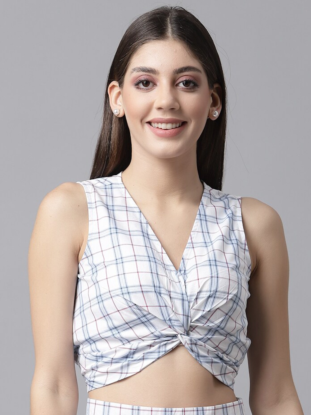 

KASSUALLY White Checked Wrap Crop Top
