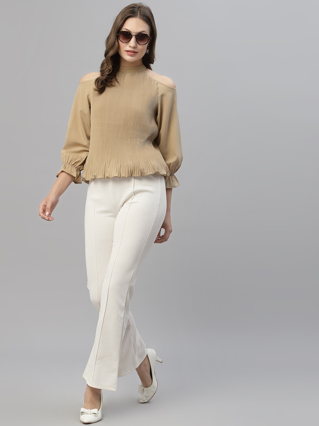 

KASSUALLY Beige Halter Neck Ruffles Crepe Blouson Top