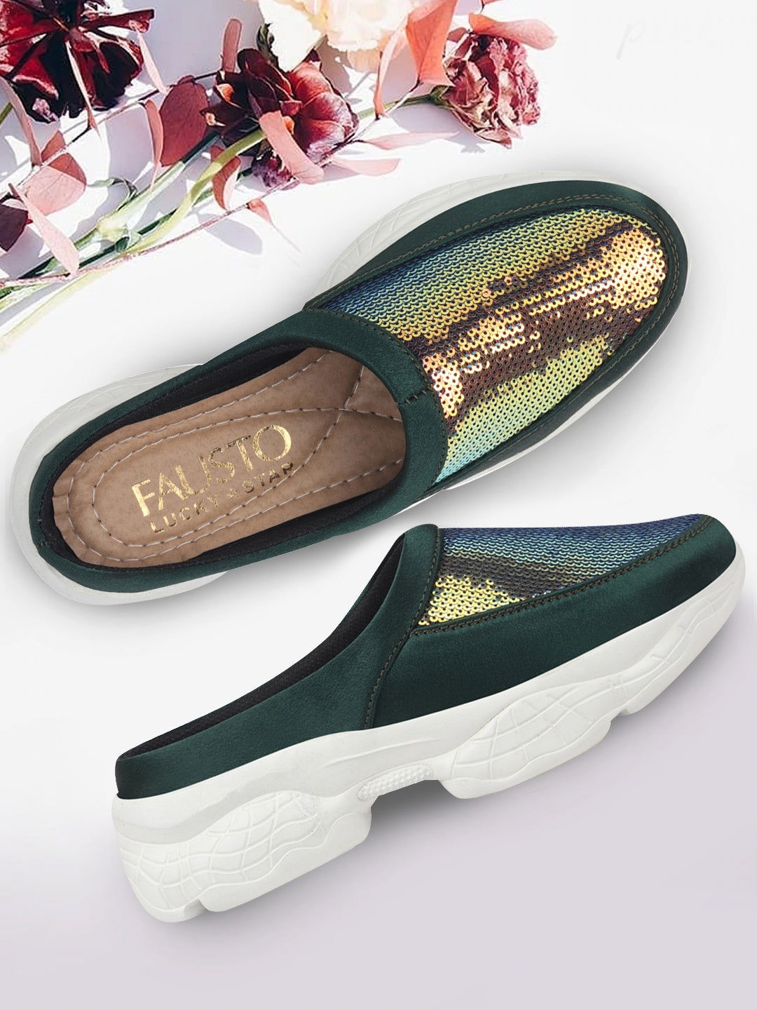 

FAUSTO Women Green Embellished Ballerinas Flats
