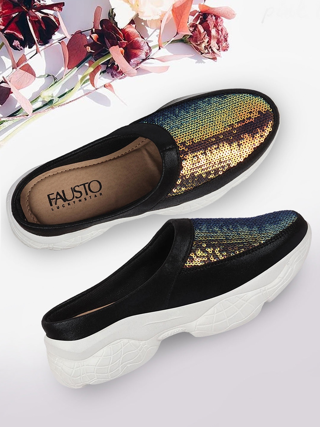 

FAUSTO Women Black Embellished Slip On Mules