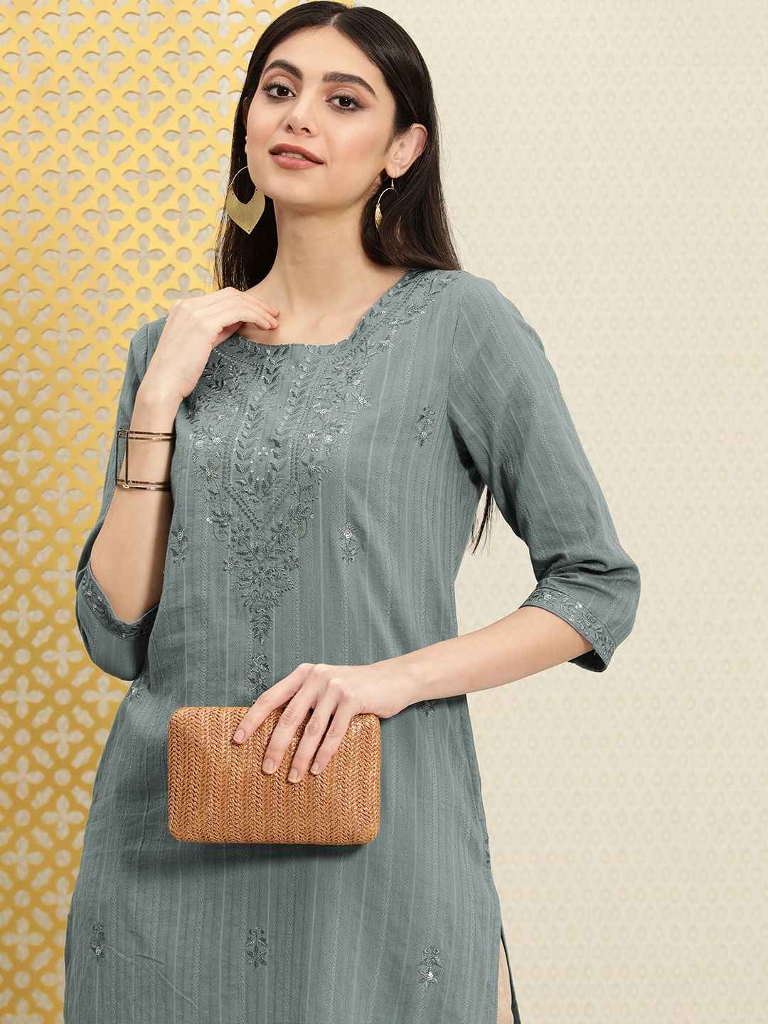 

House of Pataudi Embroidered Cotton Jashn Kurta, Grey