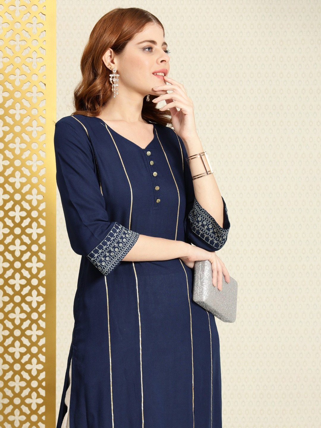 

House of Pataudi Women Navy Blue Striped Jashna Kurta