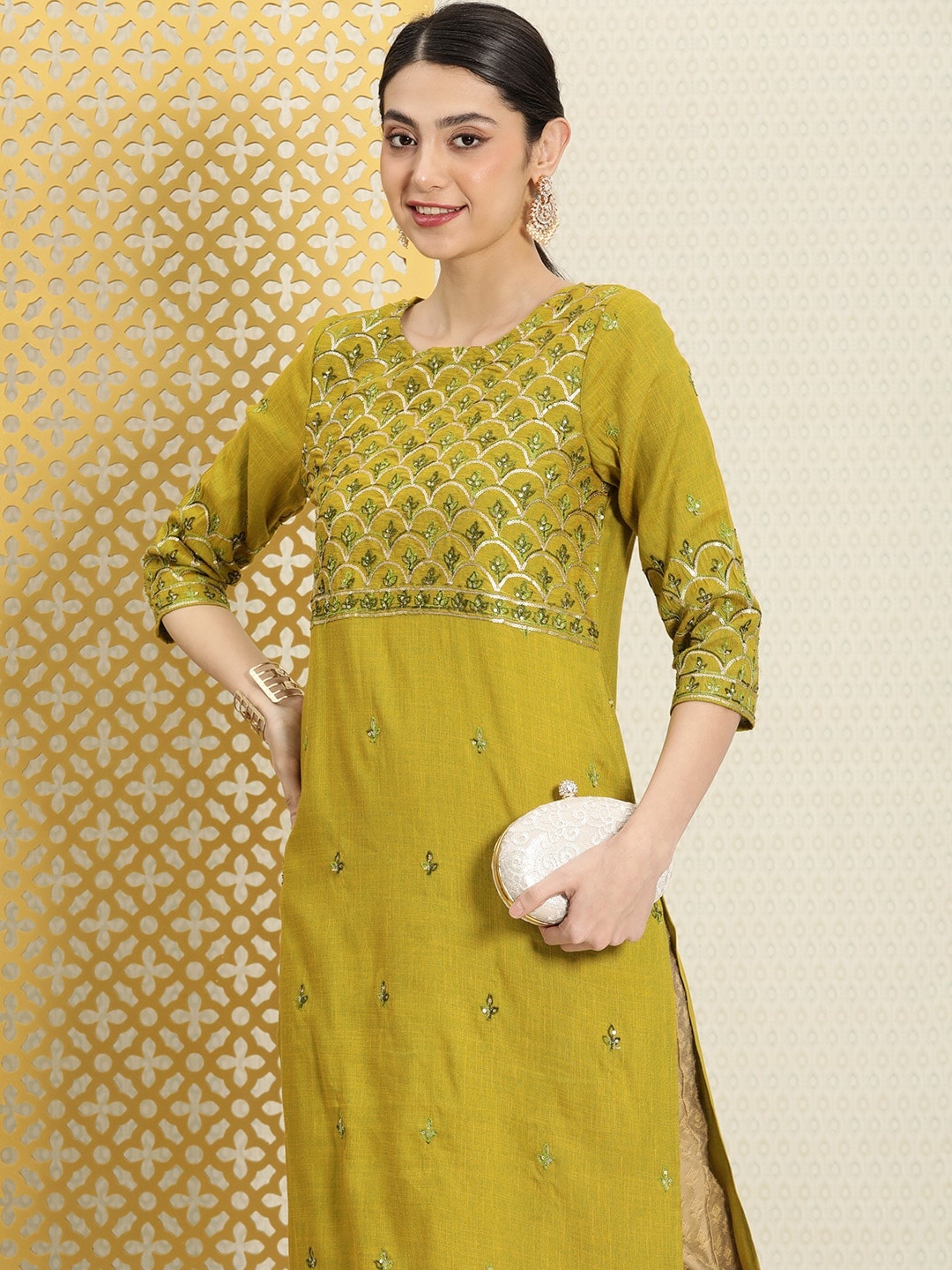 

House of Pataudi Round Neck Sequined Embellished Yoke Design Jashn A-Line Kurta, Mustard