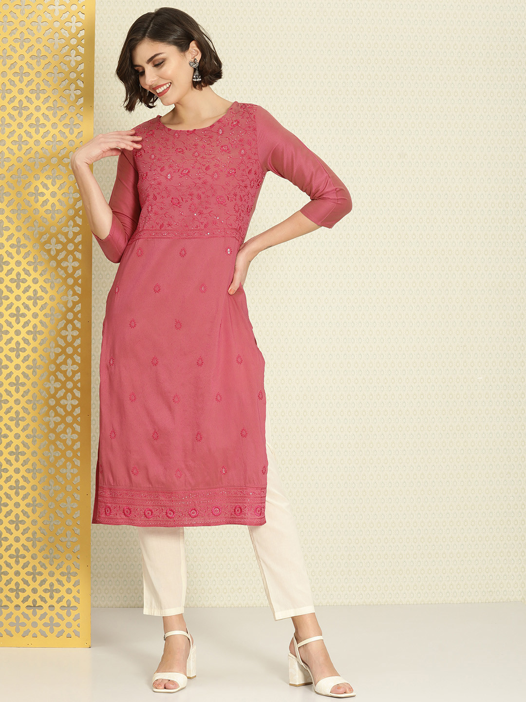 

House of Pataudi Women Pink Ethnic Motifs Embroidered Rozana Kurta