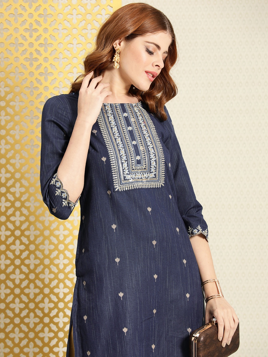

House of Pataudi Women Blue Sequin Embroidered A-Line Jashn Kurta
