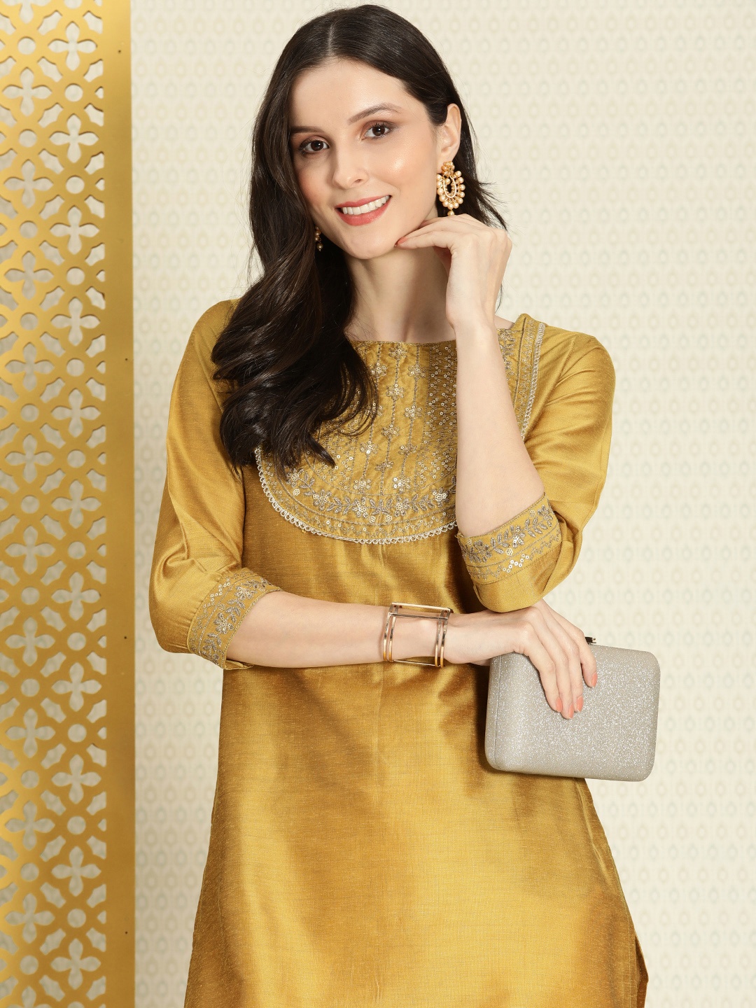 

House of Pataudi Women Mustard Yellow Floral Embroidered Yoke Design Rozana Kurta