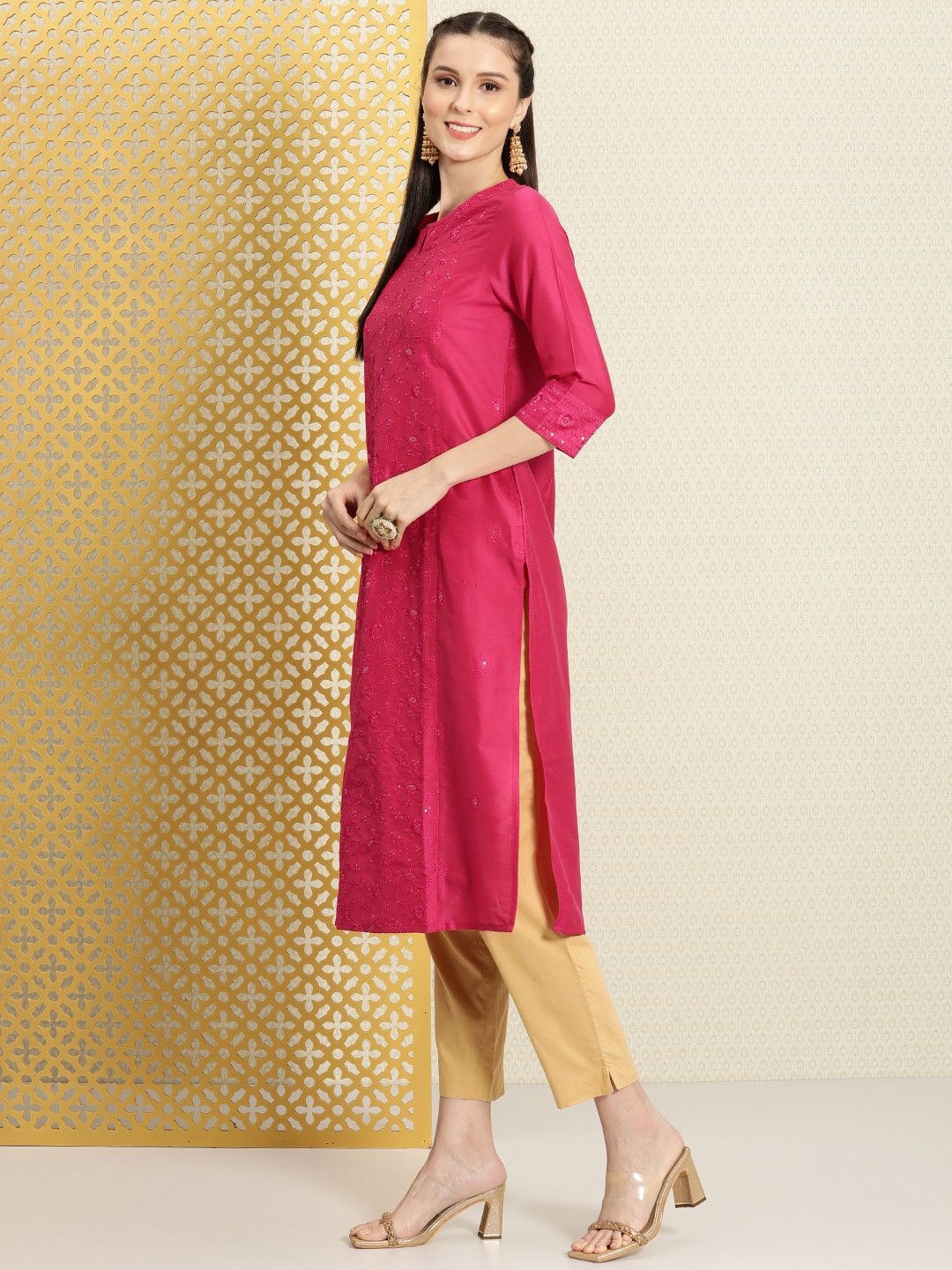 

House of Pataudi Women Fuchsia Pink Ethnic Motifs Embroidered Jashn Kurta