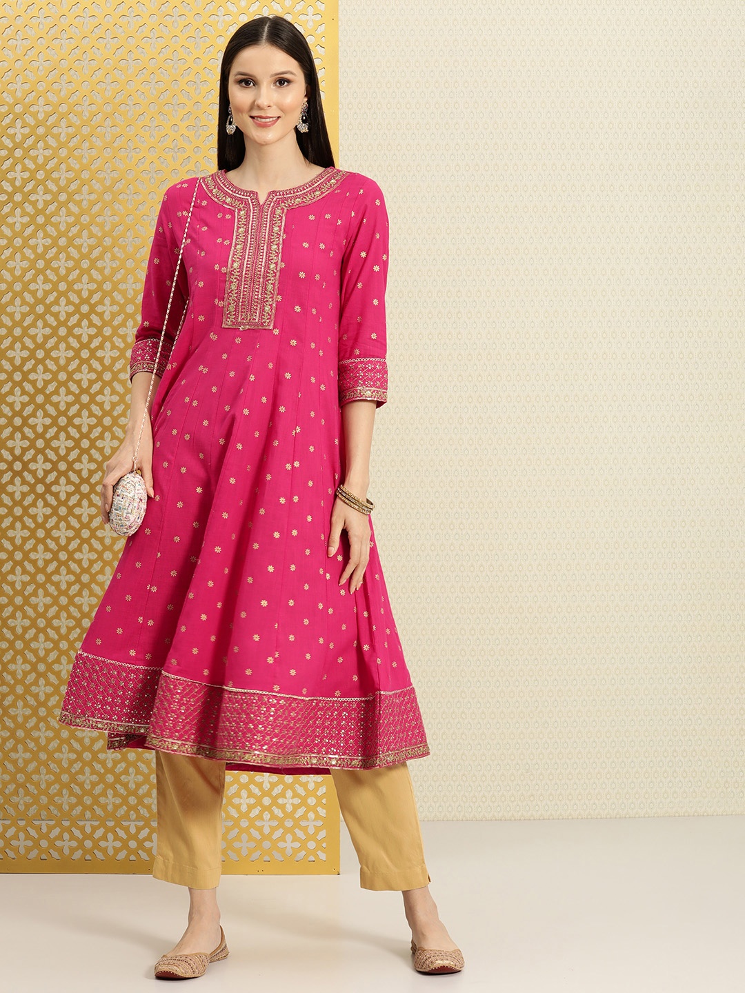 

House of Pataudi Women Fuchsia Ethnic Motifs Print Thread Work Anarkali Kurta