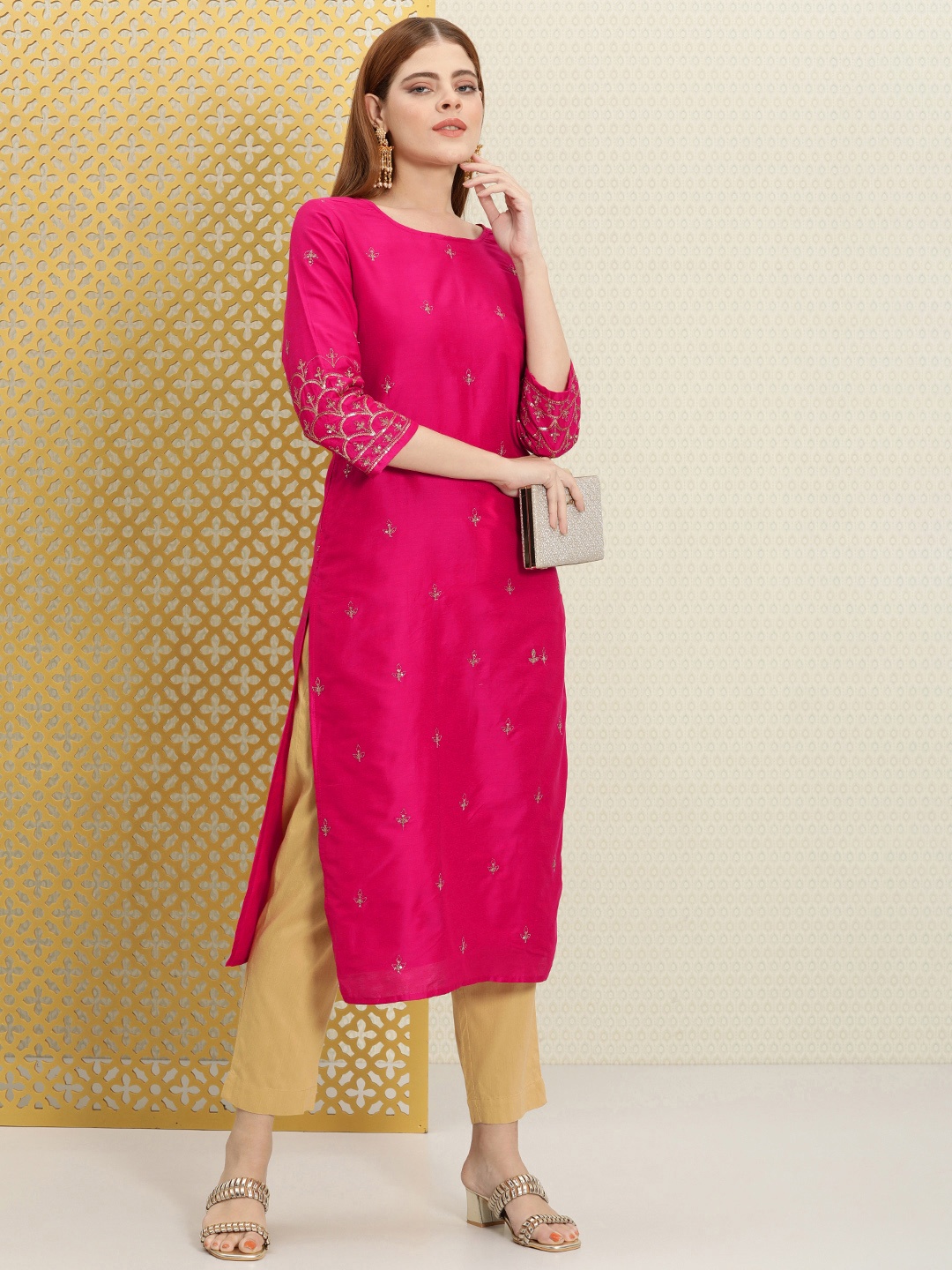 

House of Pataudi Women Jashn Fuchsia Pink Ethnic Motifs Embroidered Kurta