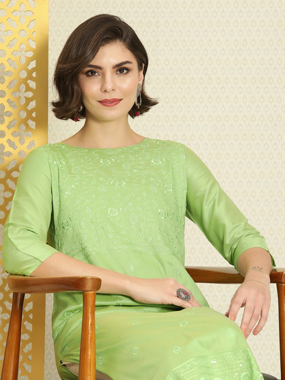 

House of Pataudi Women Green Ethnic Motifs Embroidered Rozana Kurta