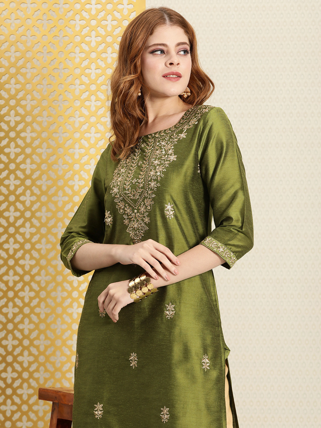 

House of Pataudi Ethnic Motifs Embroidered Jashn Kurta, Olive