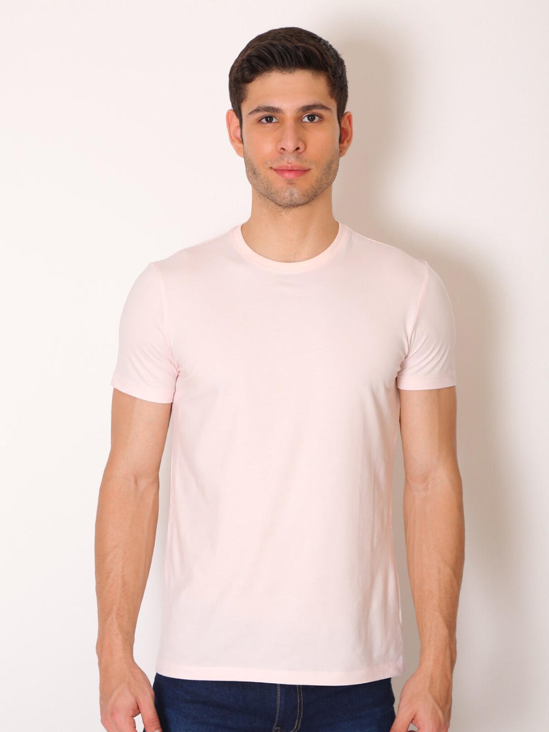 

VINSON Men Pink Raw Edge Slim Fit T-shirt