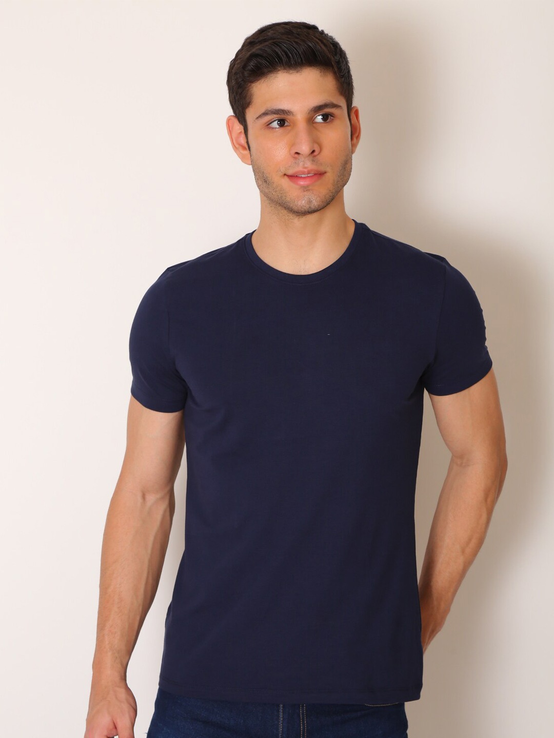 

VINSON Men Navy Blue Slim Fit Cotton T-shirt