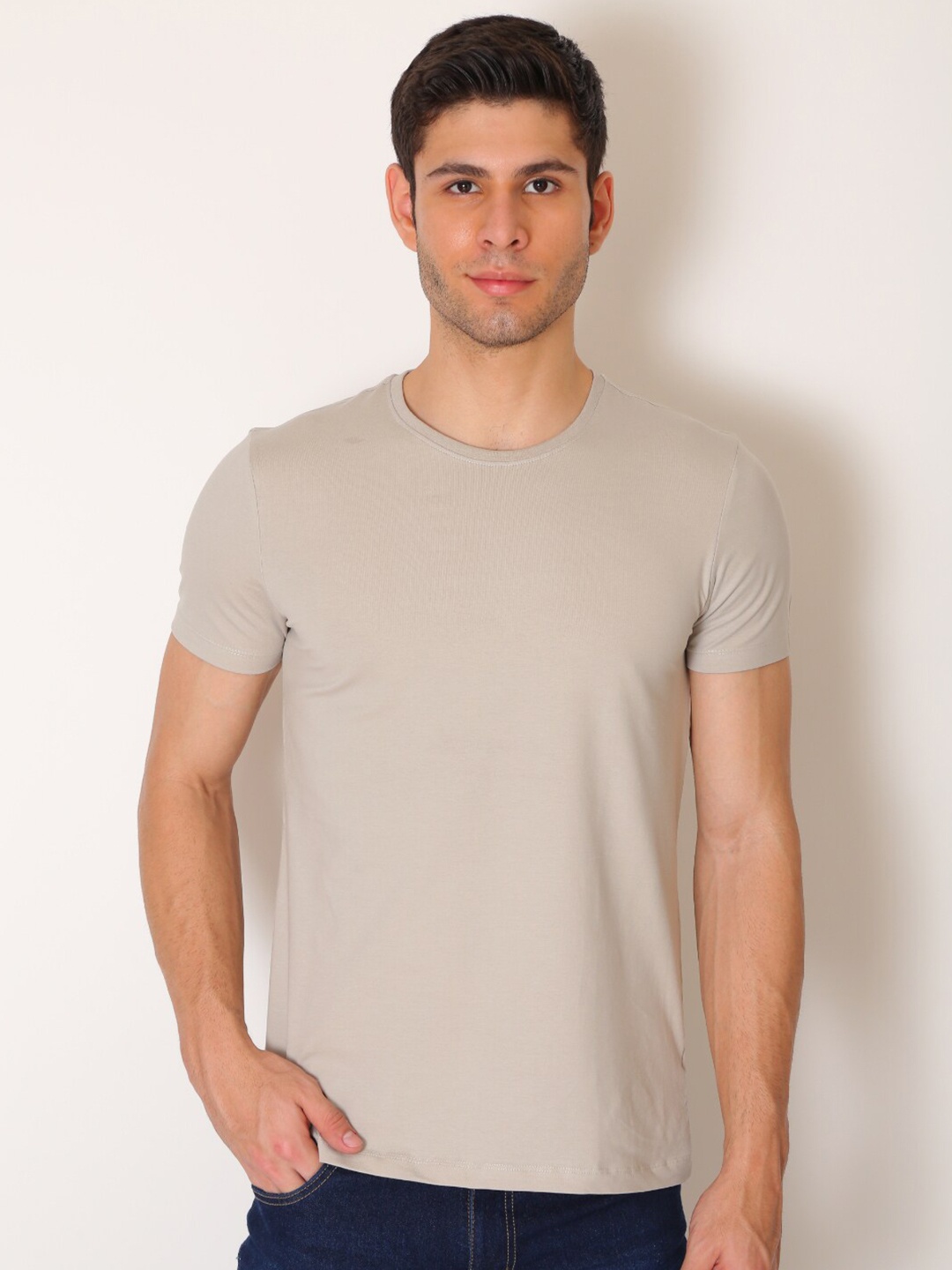 

VINSON Men Grey Raw Edge Slim Fit T-shirt