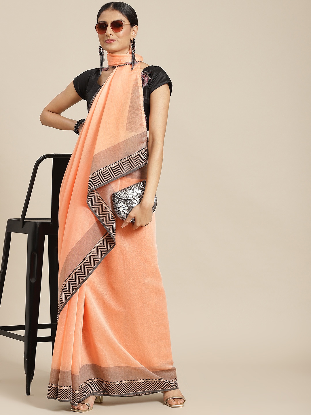 

Havida Sarees Peach-Coloured & Grey Pure Cotton Saree