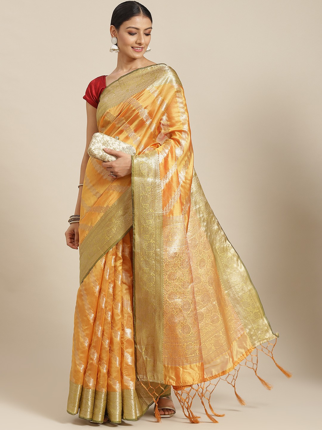 

Havida Sarees Orange & Gold-Toned Leheriya Zari Organza Banarasi Saree