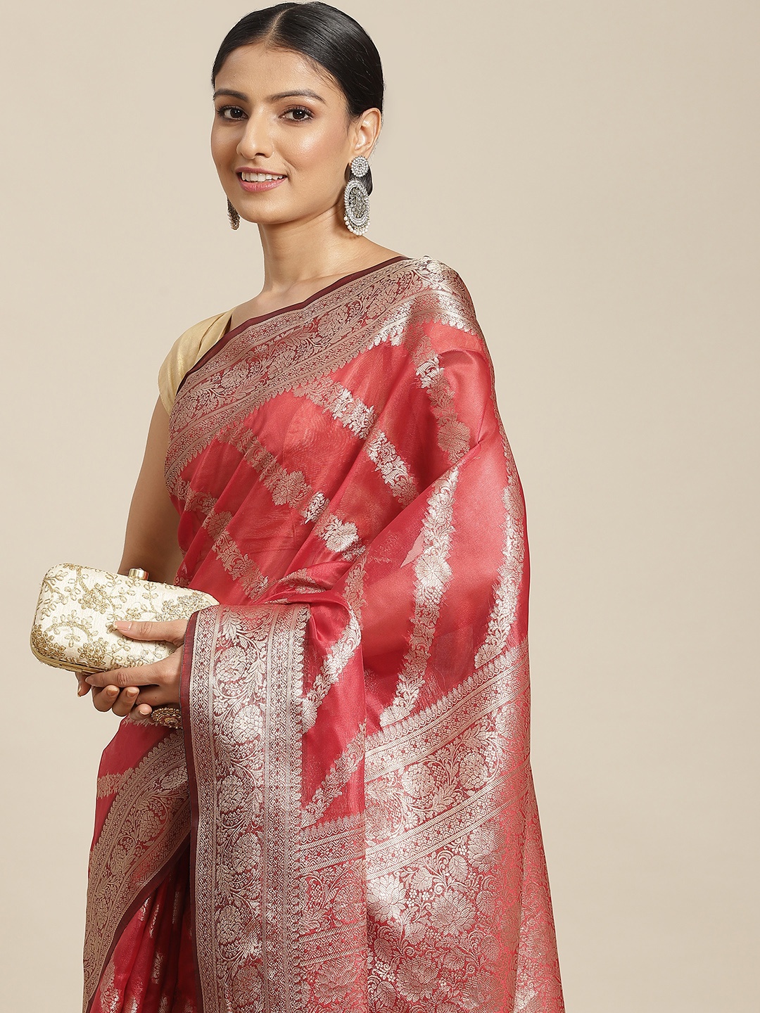 

Havida Sarees Red & Gold-Toned Leheriya Zari Organza Banarasi Saree