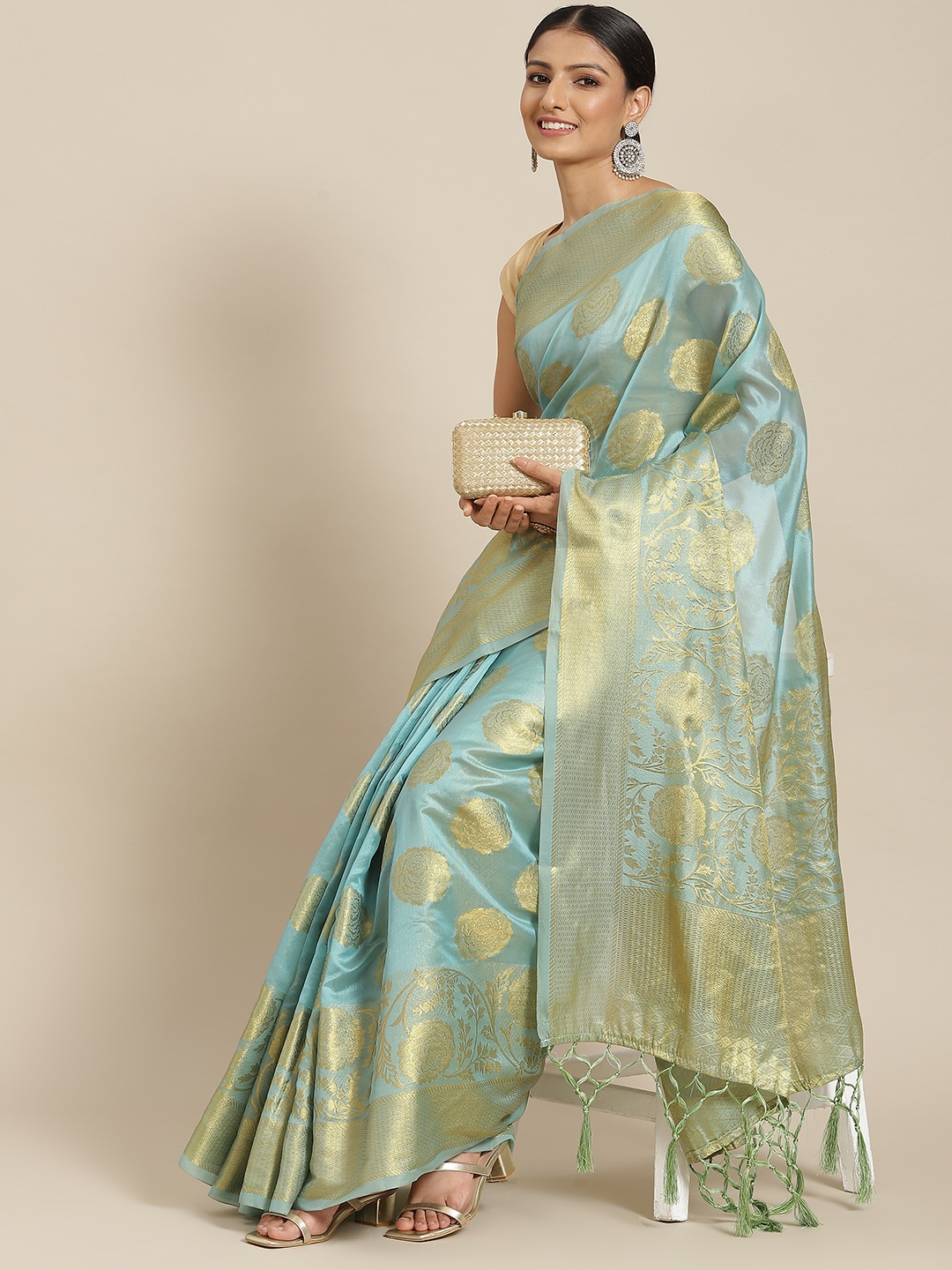 

Havida Sarees Blue & Gold-Toned Floral Zari Organza Banarasi Saree