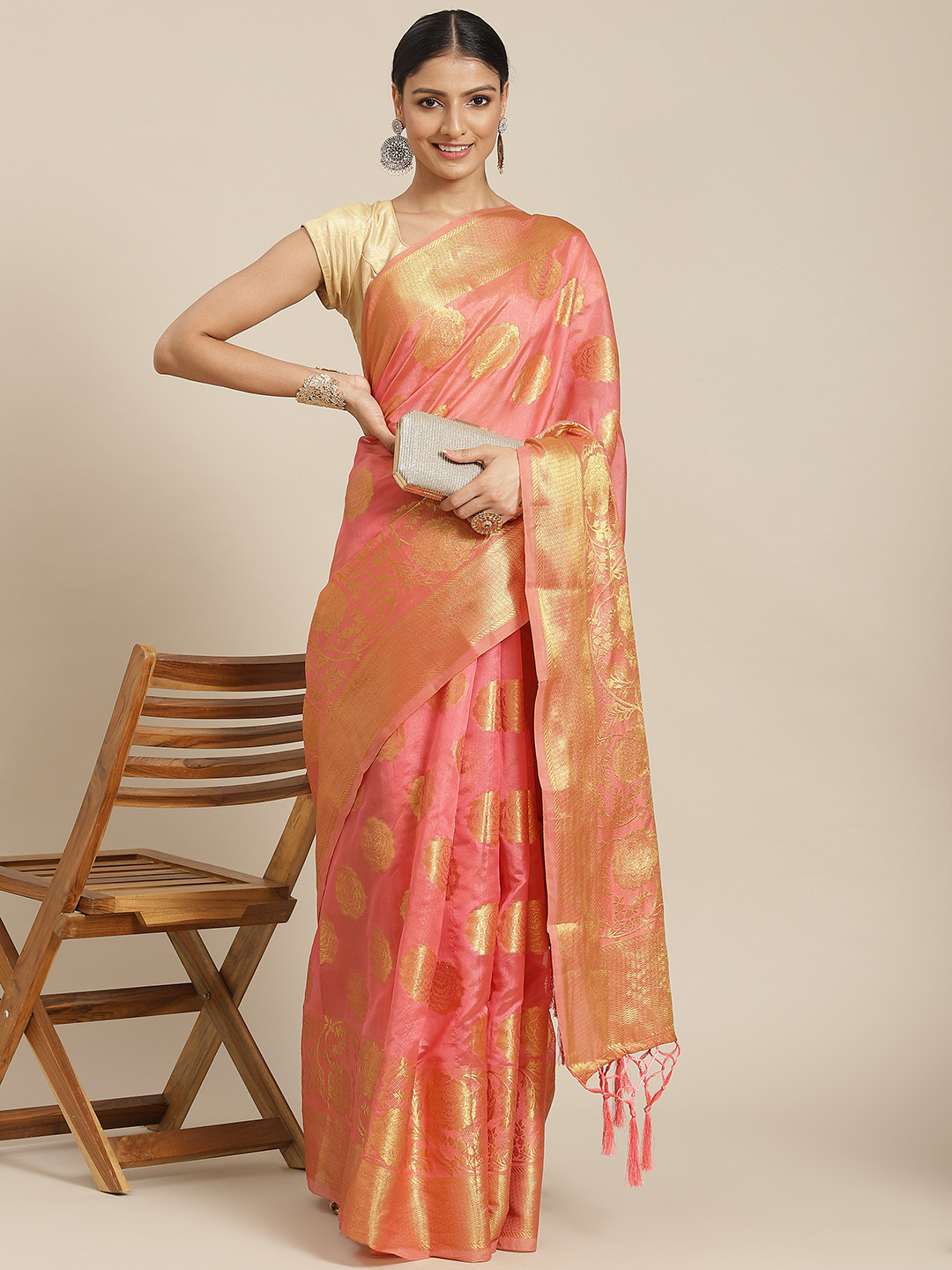 

Havida Sarees Pink & Gold-Toned Floral Zari Organza Banarasi Saree