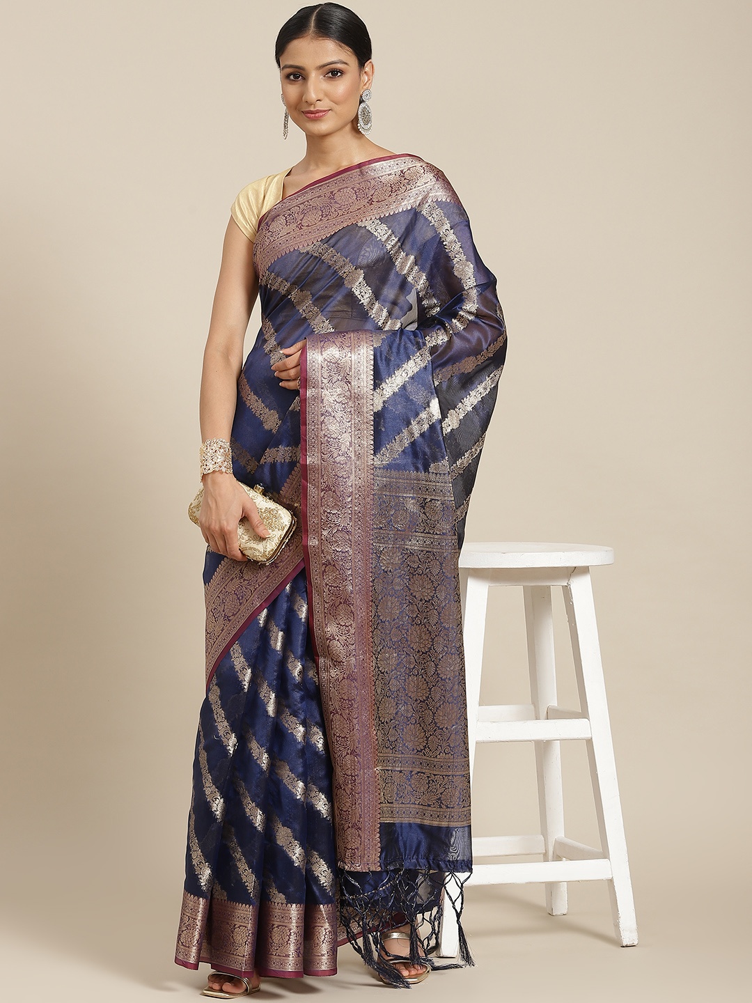 

Havida Sarees Navy Blue & Silver-Toned Leheriya Zari Organza Banarasi Saree