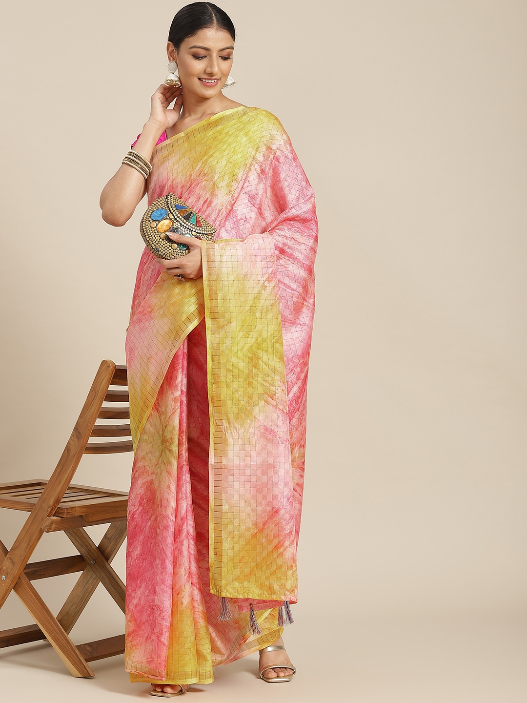 

Havida Sarees Pink & Yellow Tie and Dye Cotton Silk Saree