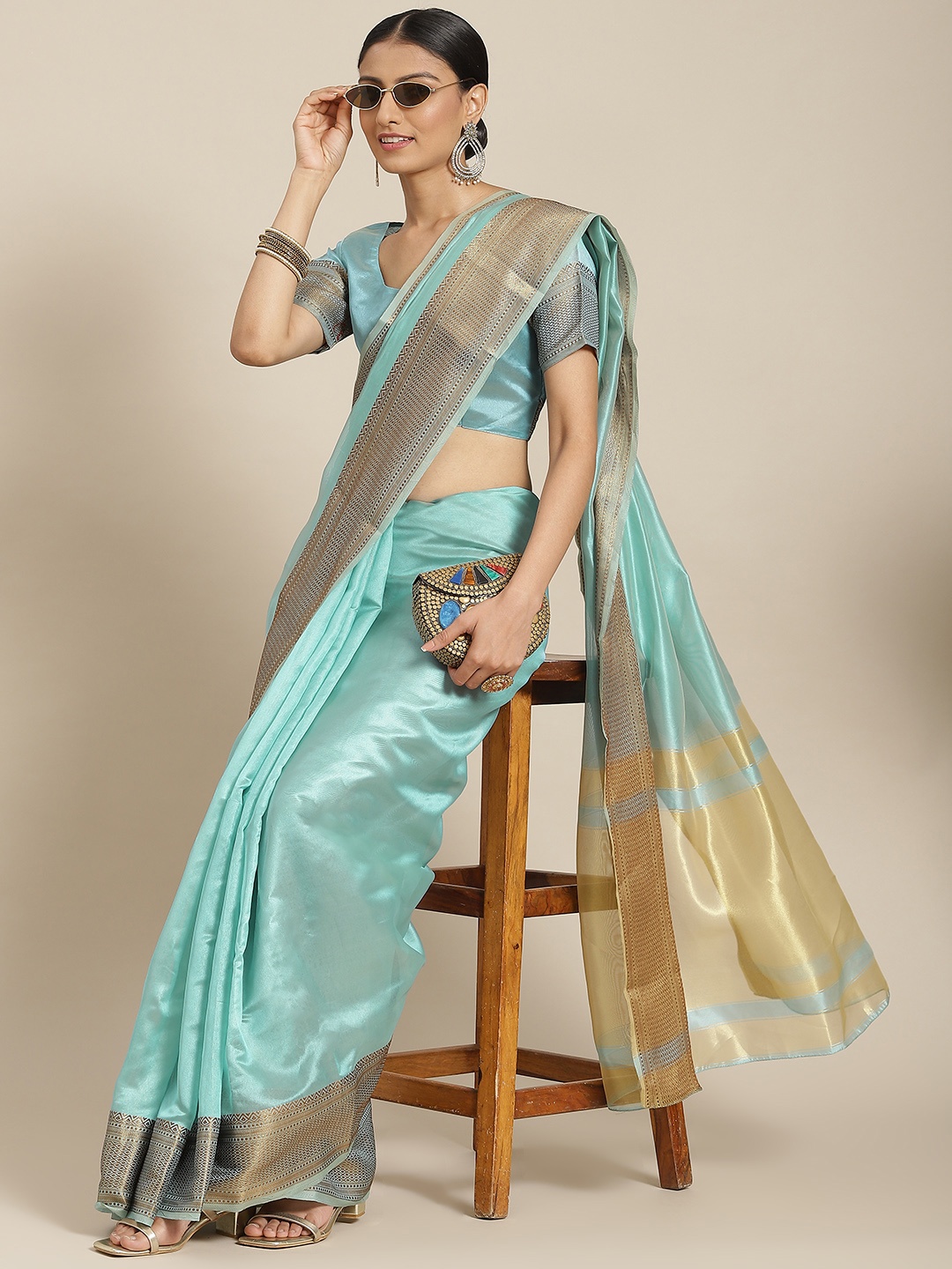 

Havida Sarees Blue & Gold-Toned Zari Organza Chettinad Saree