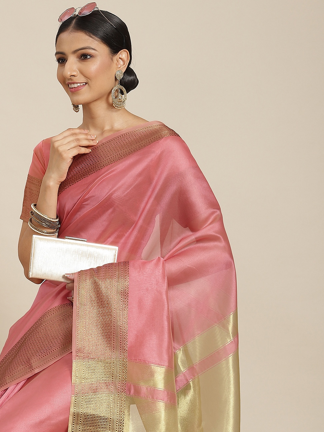 

Havida Sarees Pink & Gold-Toned Zari Organza Chettinad Saree