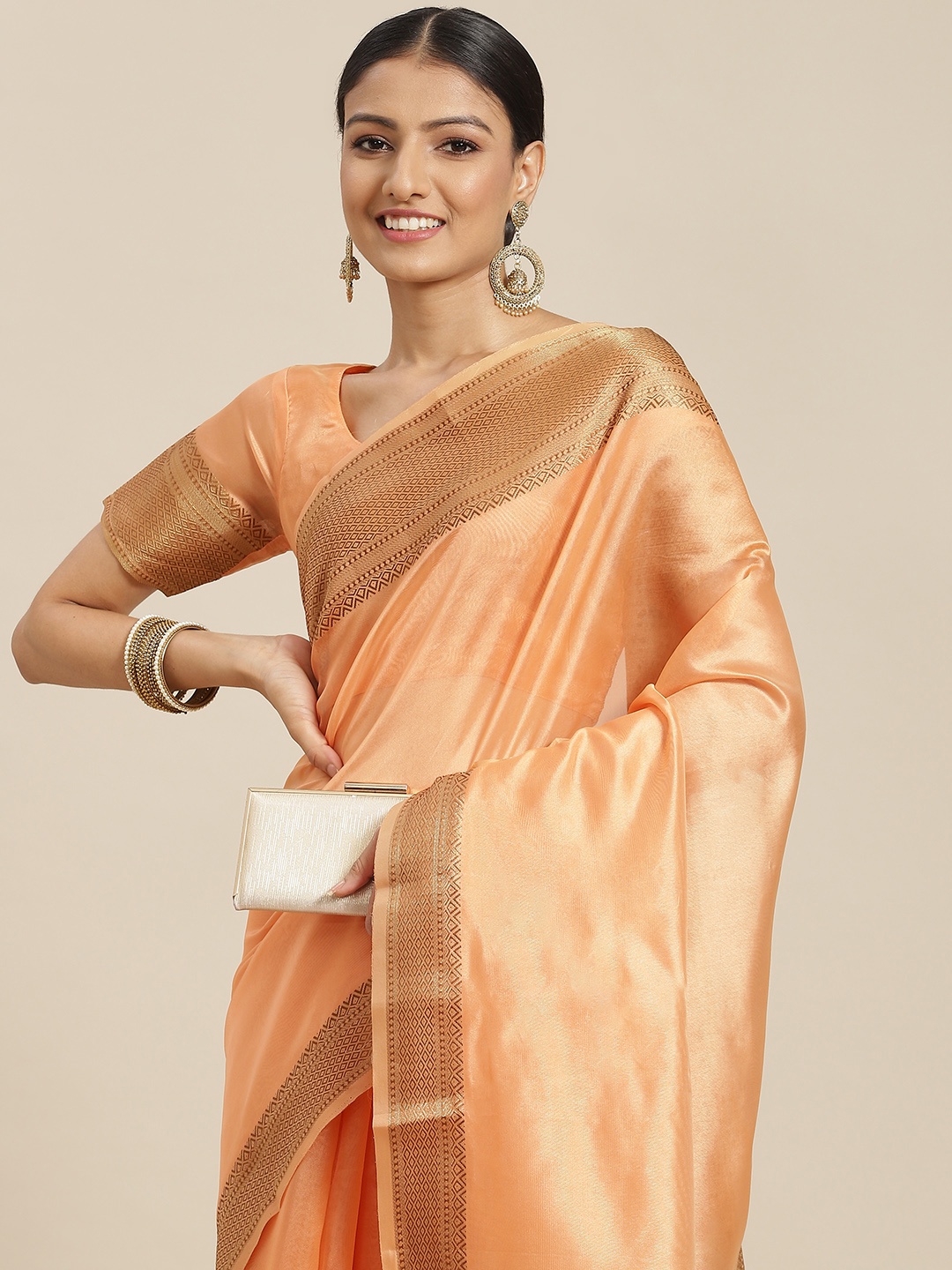 

Havida Sarees Orange & Gold-Toned Zari Organza Chettinad Saree