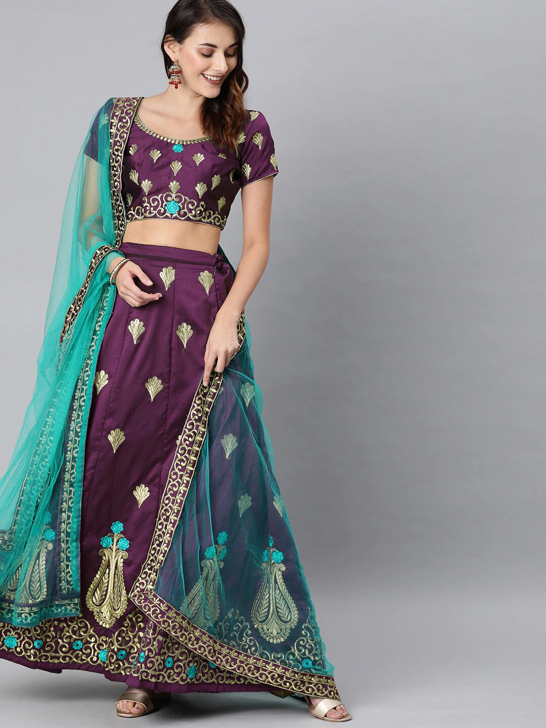 

HERE&NOW Purple & Blue Embroidered Semi-Stitched Lehenga & Unstitched Blouse With Dupatta