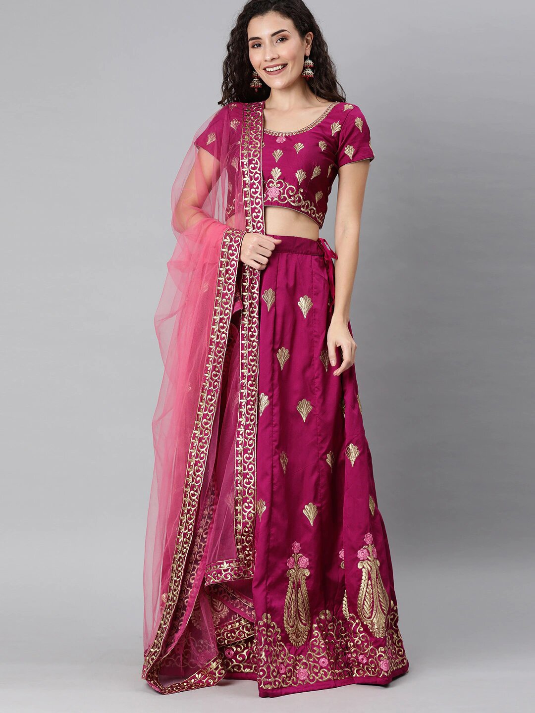 HERE&NOW Pink & Gold-Toned Embroidered Semi-Stitched Lehenga & Unstitched Blouse With Dupatta