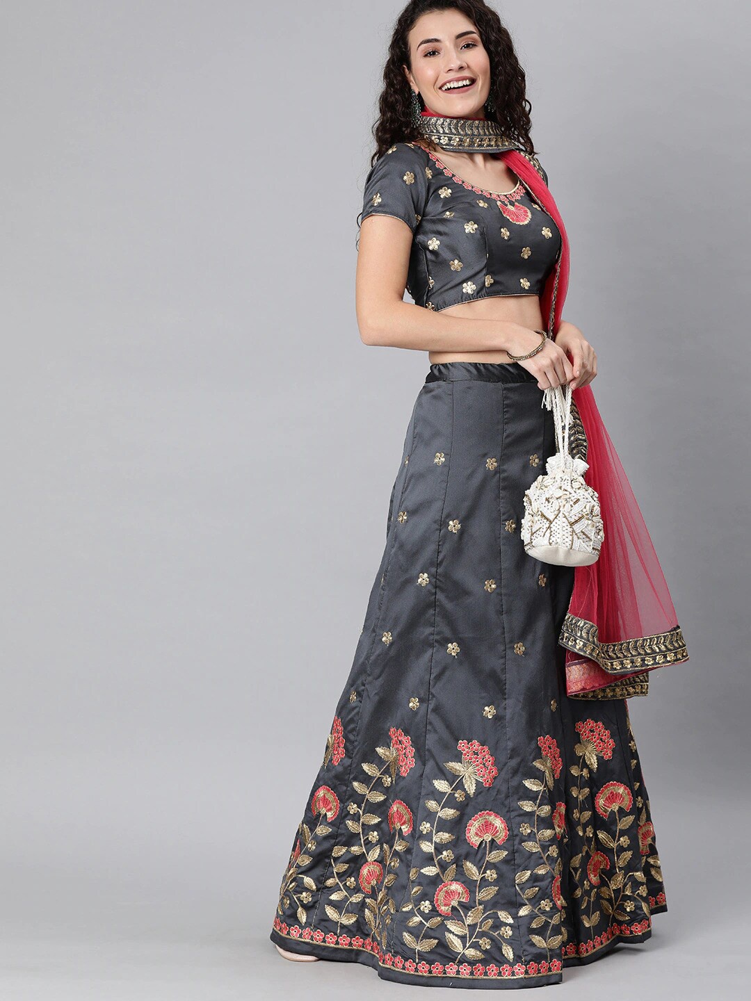 HERE&NOW Grey & Red Embroidered Semi-Stitched Lehenga & Unstitched Blouse With Dupatta