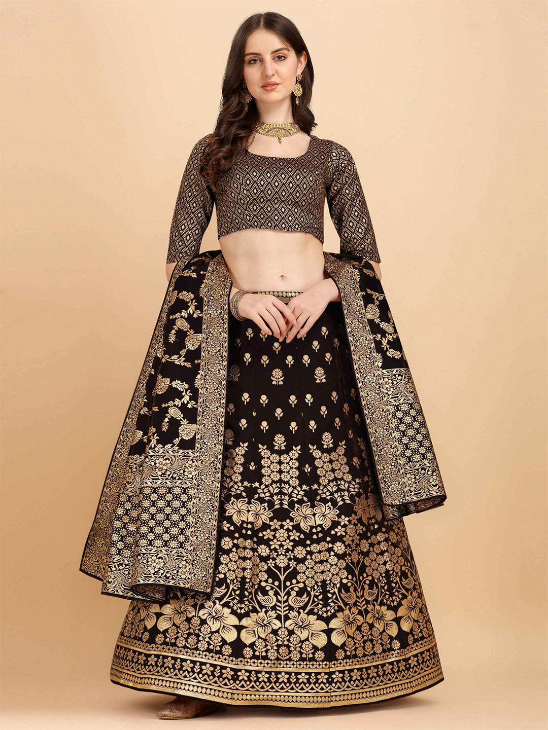 

HERE&NOW Women Black & Gold-Toned Semi-Stitched Lehenga & Unstitched Blouse With Dupatta