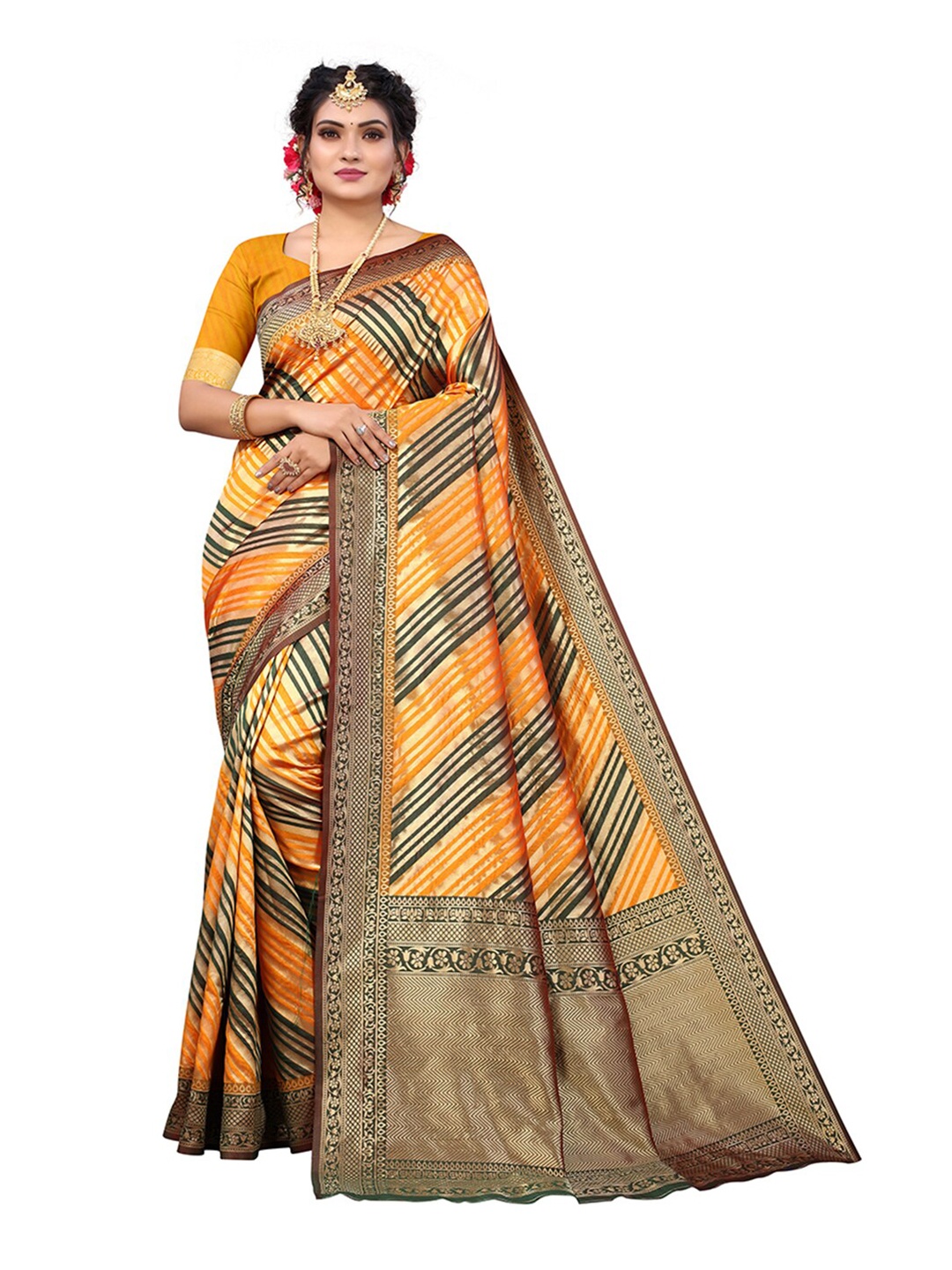 

Pisara Mustard & Gold-Toned Woven Design Silk Blend Chanderi Saree