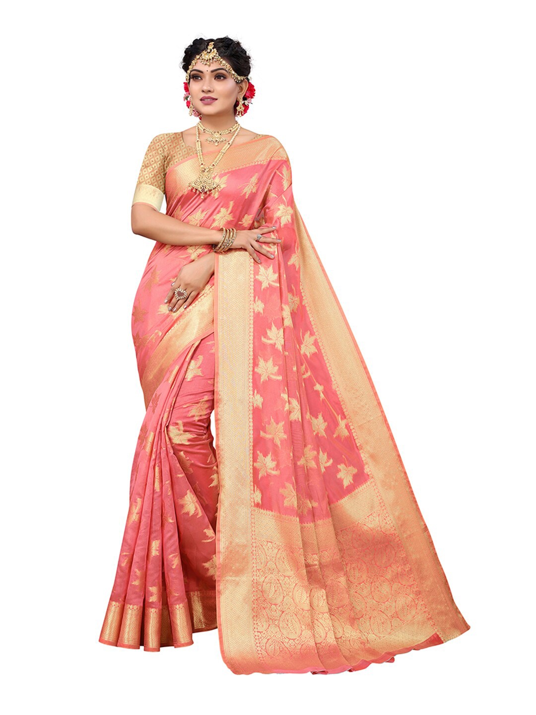

Pisara Pink & Gold-Toned Floral Organza Saree