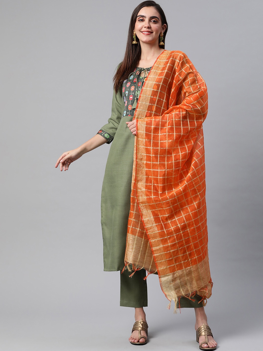 

Somras Women Green Yoke Design Kurta with Trousers & With Dupatta