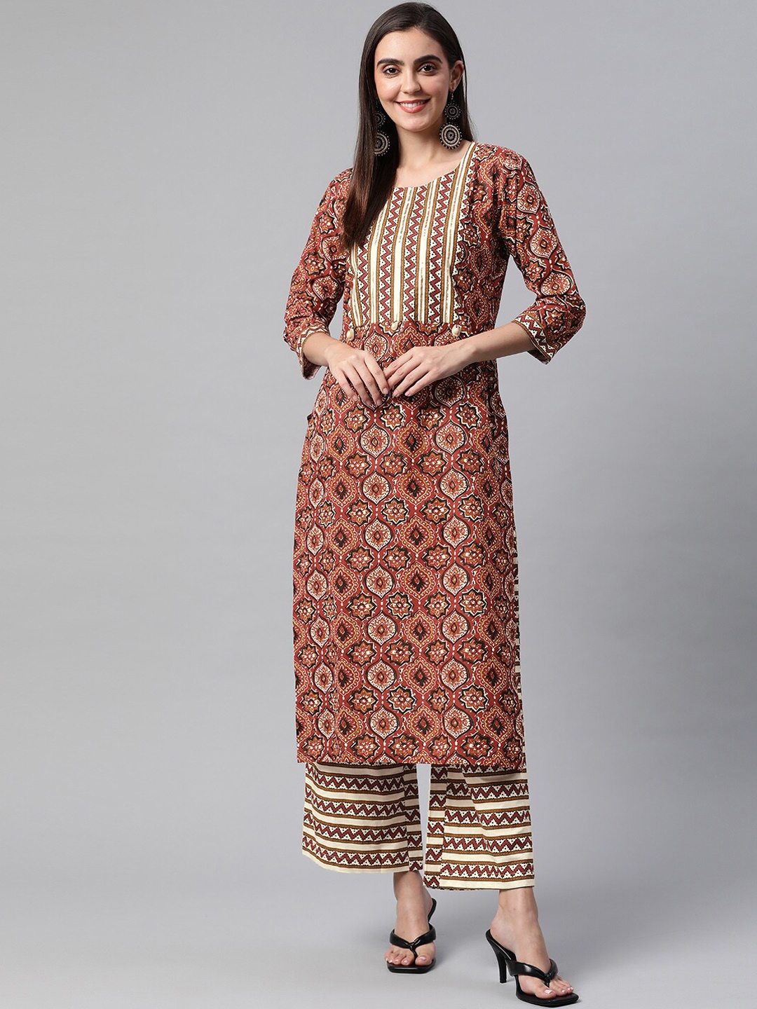 

Somras Women Brown Ethnic Motifs Printed Pure Cotton Kurta with Palazzos