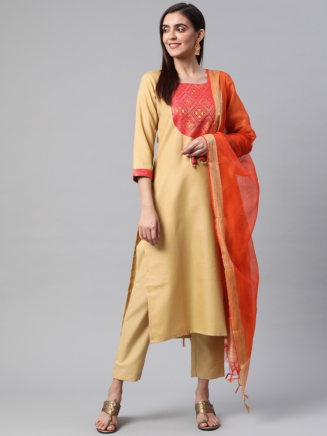 

Somras Women Beige Yoke Design Kurti with Trousers & Dupatta