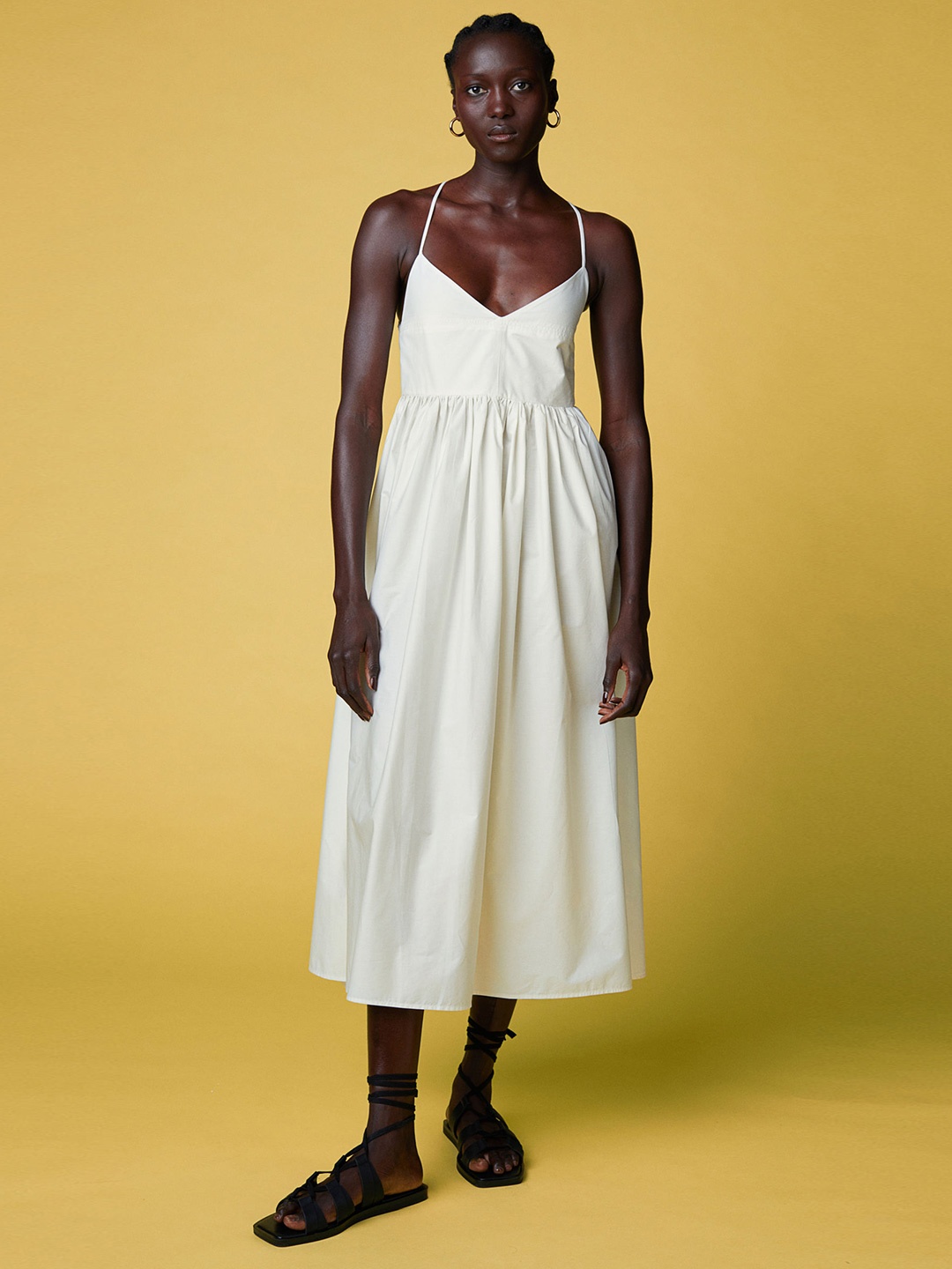 

H&M Women White Solid V-Neck Cotton Dress